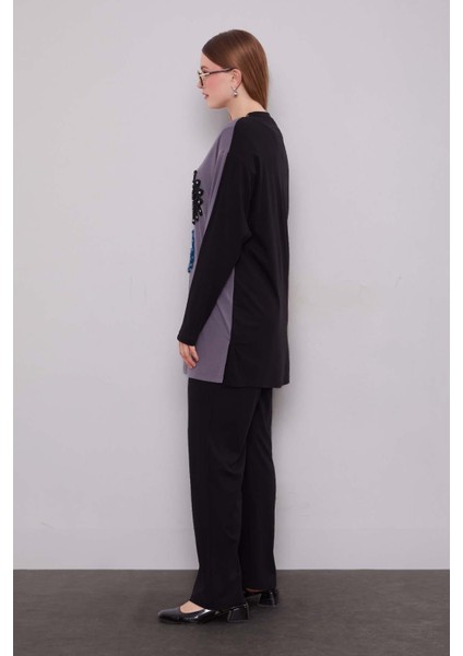 Siyah-Antrasit Çift Çiçek Motifli Ikili Takım fiyatları