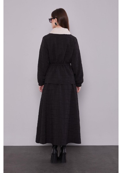 Siyah Kendinden Desenli Etek Takım