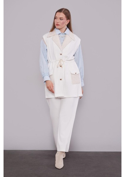 Ekru Kürk Yaka Detaylı Yelek Takım