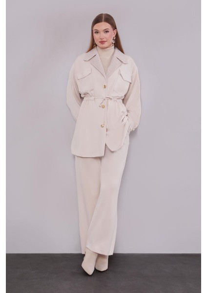 Krem Kruvaze Kürk Yakalı Ikili Takım