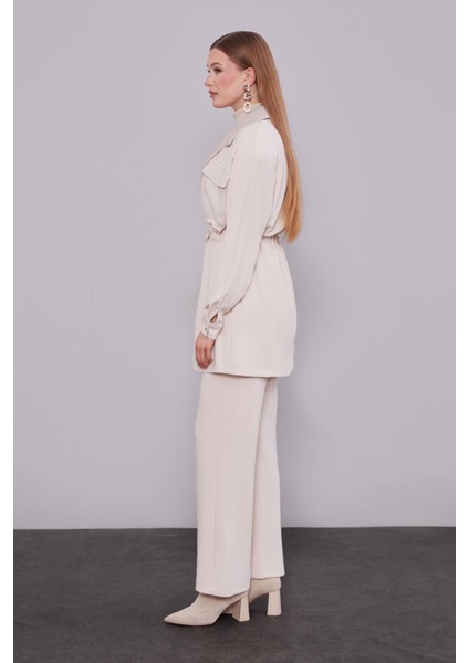 Krem Kruvaze Kürk Yakalı Ikili Takım modelleri