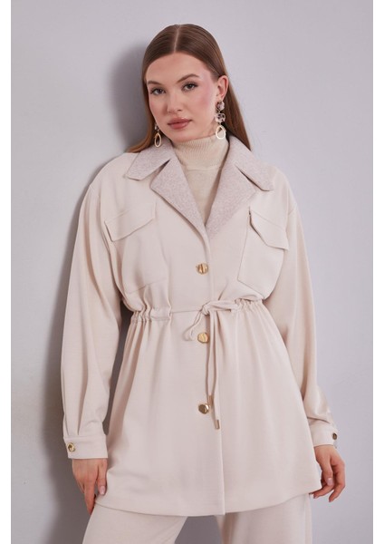 Krem Kruvaze Kürk Yakalı Ikili Takım fırsatları