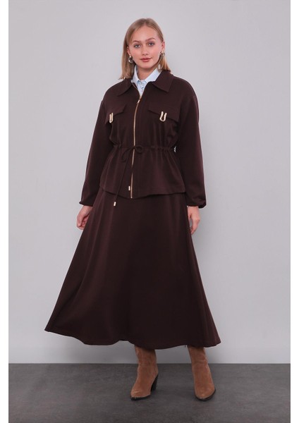 Acı Kahve Gold Fermuar Detaylı Etek Takım