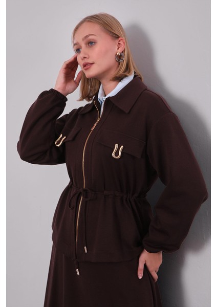 Acı Kahve Gold Fermuar Detaylı Etek Takım modelleri