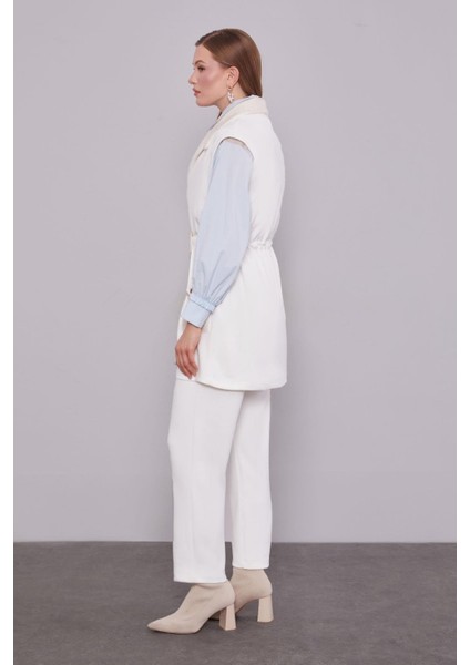 Ekru Kürk Yaka Detaylı Yelek Takım modelleri