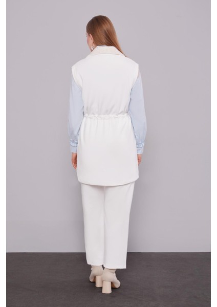 Ekru Kürk Yaka Detaylı Yelek Takım