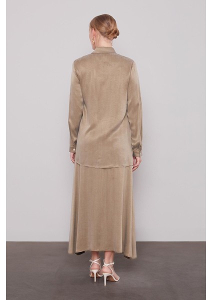 Haki Çapraz Düğme Detay Cupra Etek Takım