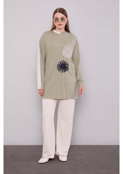 Bej-Haki Çift Çiçek Motifli Ikili Takım