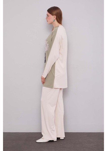 Bej-Haki Çift Çiçek Motifli Ikili Takım fiyatları