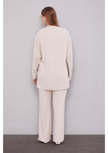 Bej-Haki Çift Çiçek Motifli Ikili Takım