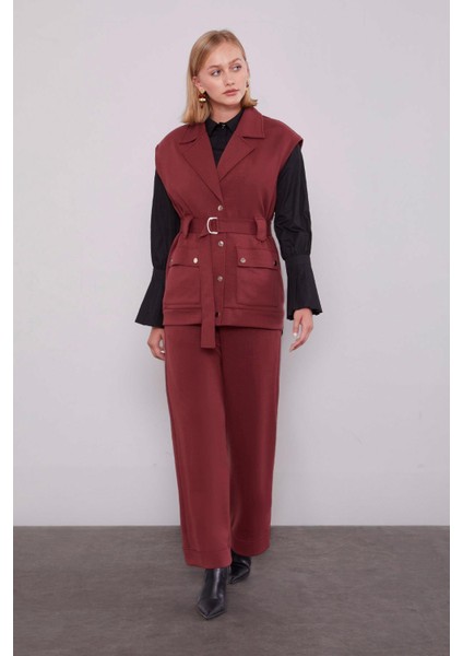 Bordo Metal Kuşak Detaylı Ikili Takım