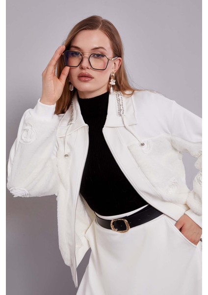 Ekru Yaka Taşlı Gül Detay Etek Takım fırsatları