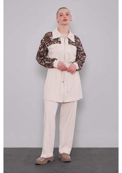 Bej Leopar Kol Desenli Ikili Takım