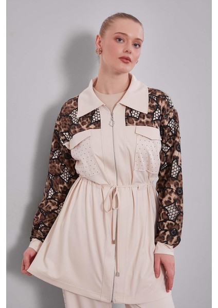 Bej Leopar Kol Desenli Ikili Takım modelleri