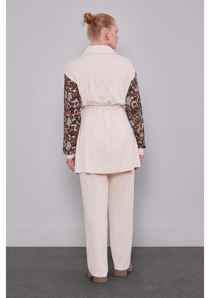 Bej Leopar Kol Desenli Ikili Takım