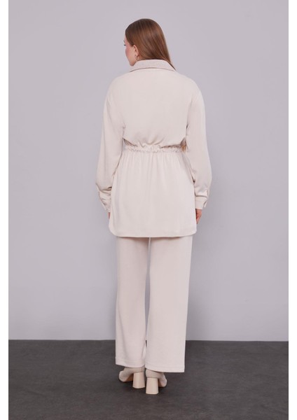 Krem Kruvaze Kürk Yakalı Ikili Takım