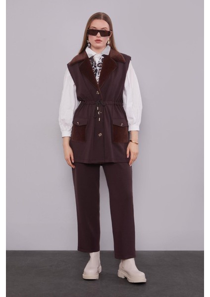 Kahve Kürk Yaka Detaylı Yelek Takım