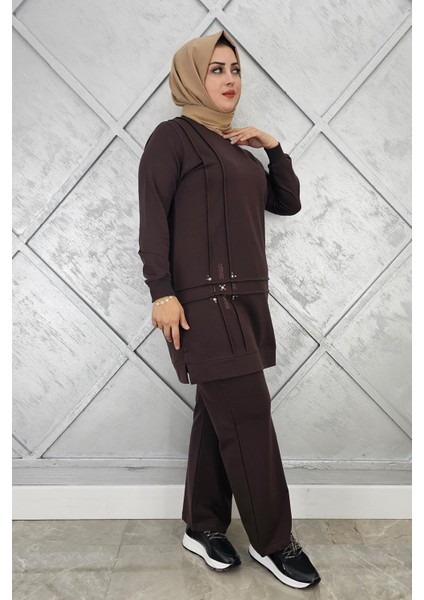 Kadın Taş Detaylı Nervür Dikim Tesettür Takım