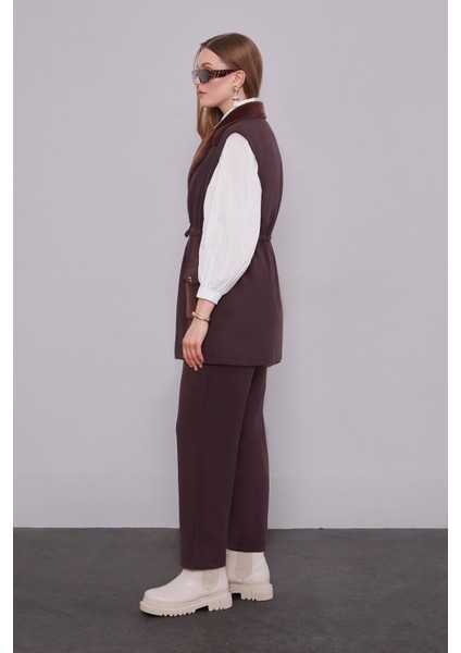 Kahve Kürk Yaka Detaylı Yelek Takım modelleri