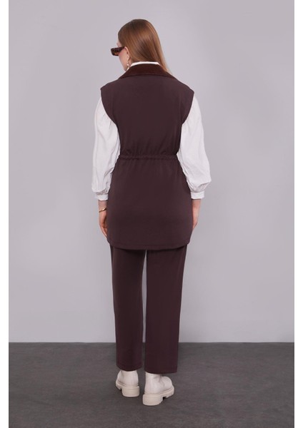 Kahve Kürk Yaka Detaylı Yelek Takım