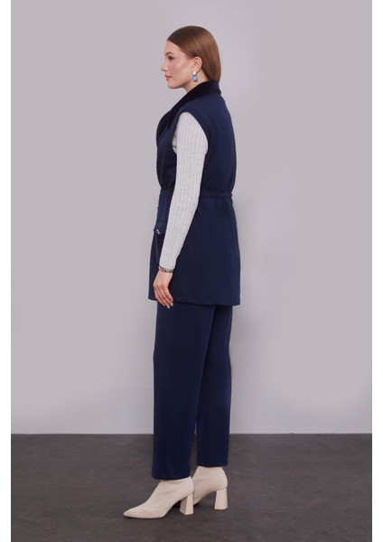 Lacivert Kürk Yaka Detaylı Yelek Takım modelleri