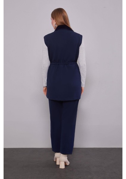 Lacivert Kürk Yaka Detaylı Yelek Takım
