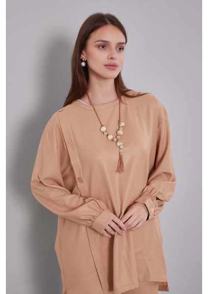 K.bej Bisiklet Yaka Düğme Detaylı Ikili Takım fırsatları