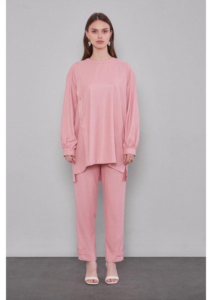 Pudra Bisiklet Yaka Düğme Detaylı Ikili Takım