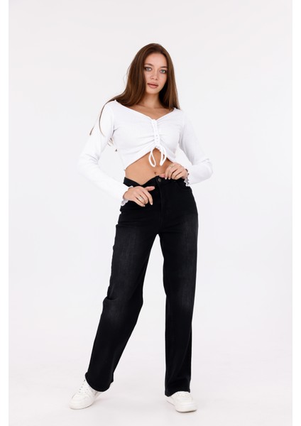 Black Yıkama Kadın Yüksek Bel Boru Paça Şık Jean