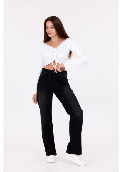 Black Yıkama Kadın Yüksek Bel Boru Paça Şık Jean fiyatları
