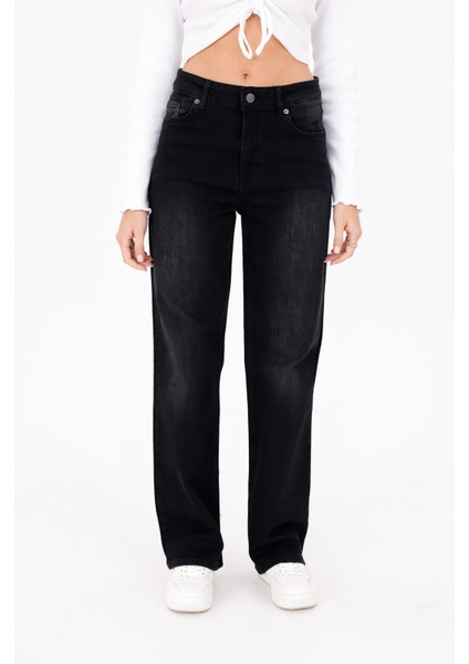 Black Yıkama Kadın Yüksek Bel Boru Paça Şık Jean