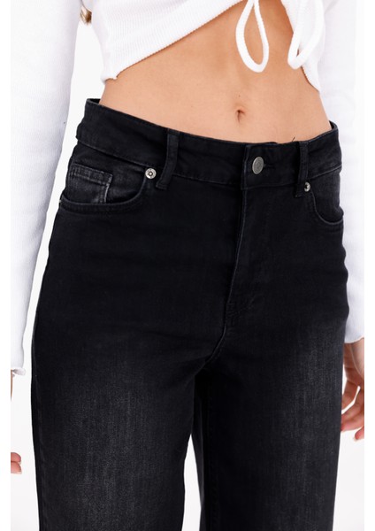 Black Yıkama Kadın Yüksek Bel Boru Paça Şık Jean