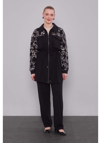 Siyah Leopar Kol Desenli Ikili Takım