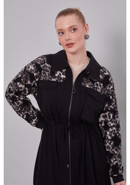 Siyah Leopar Kol Desenli Ikili Takım fiyatları