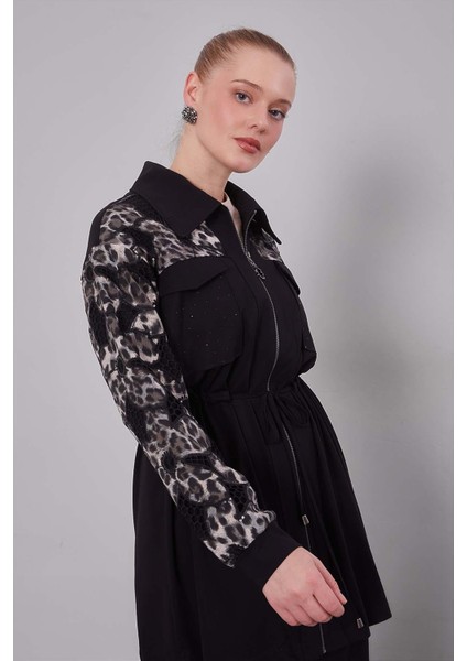 Siyah Leopar Kol Desenli Ikili Takım modelleri