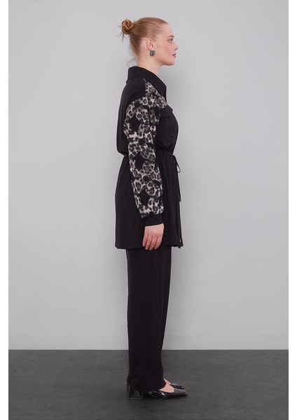 Siyah Leopar Kol Desenli Ikili Takım fırsatları