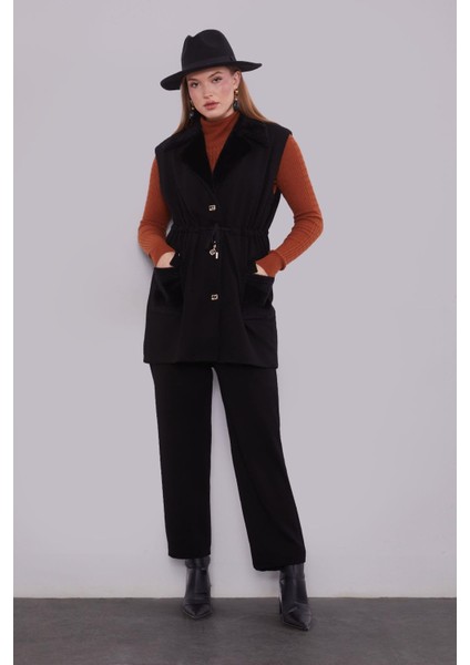 Siyah Kürk Yaka Detaylı Yelek Takım