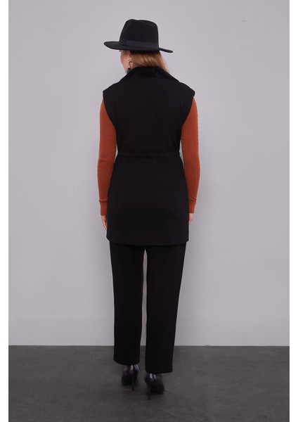 Siyah Kürk Yaka Detaylı Yelek Takım