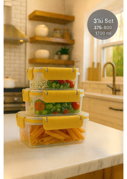 3'lü Dikdörtgen Sızdırmaz Contalı Kilitli Saklama Kabı Seti 375-800-1700 ml