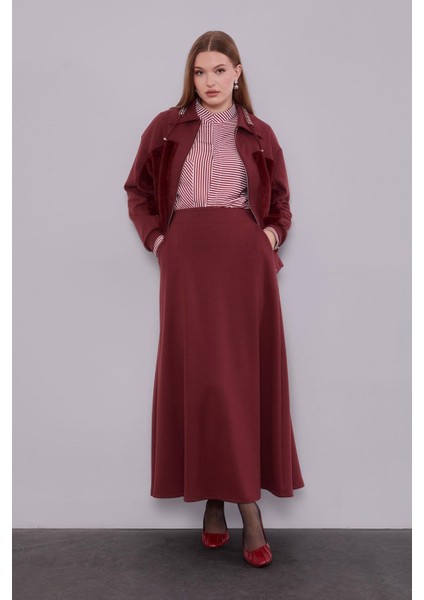 Bordo Yaka Taşlı Gül Detay Etek Takım