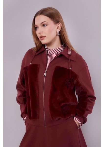 Bordo Yaka Taşlı Gül Detay Etek Takım fırsatları