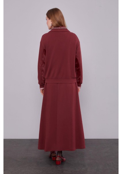 Bordo Yaka Taşlı Gül Detay Etek Takım
