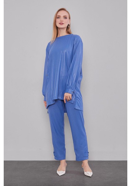 Indigo Bisiklet Yaka Düğme Detaylı Ikili Takım