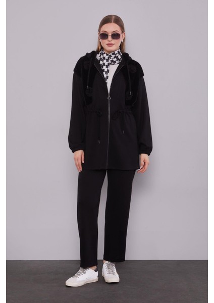 Siyah Gül Detaylı Bel Büzgülü Ikili Takım