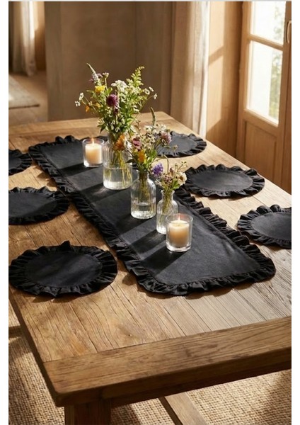 Fırfırlı Runner ve Supla Takımı - Masa Örtüsü Takımı 7 Parça 120x40