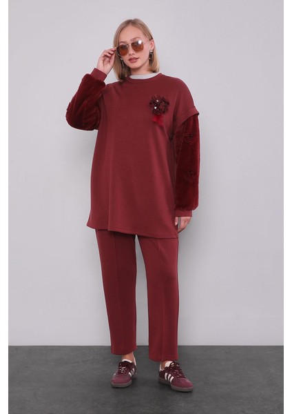 Bordo Kürk Kol Detaylı Ikili Takım