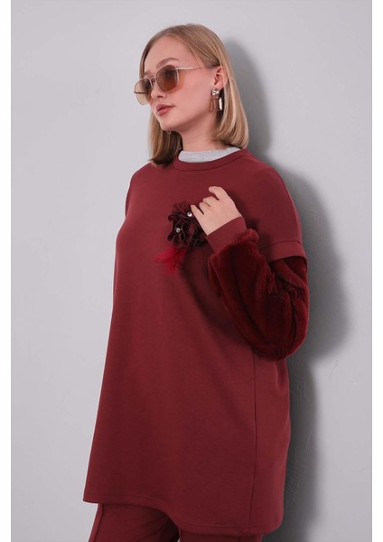 Bordo Kürk Kol Detaylı Ikili Takım modelleri