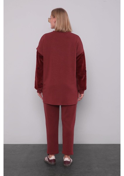 Bordo Kürk Kol Detaylı Ikili Takım