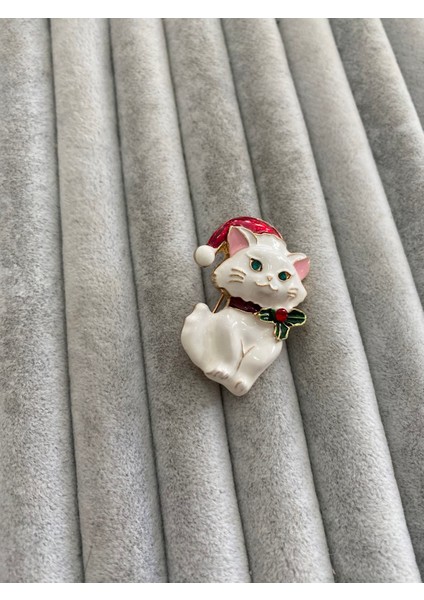 Noel Baba Şapkalı Beyaz Kedi Broş Hediyelik 4x2 cm