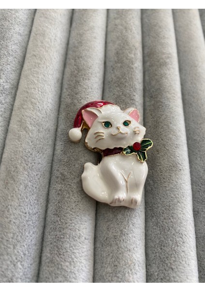 Noel Baba Şapkalı Beyaz Kedi Broş Hediyelik 4x2 cm fırsatları